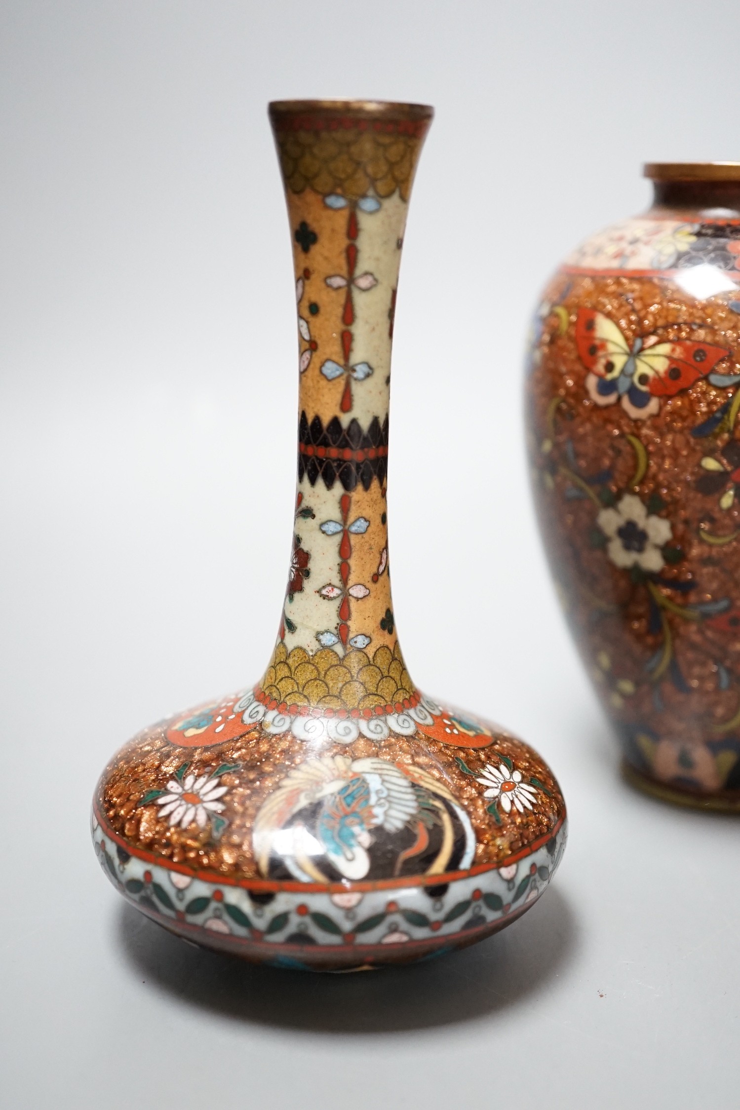 An assortment Japanese cloisonné enamel and metal wares, largest vase 18.5cm high